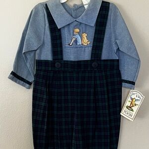 Vintage Classic Pooh Disney Kids Plaid Overalls with Winnie the Pooh Design.